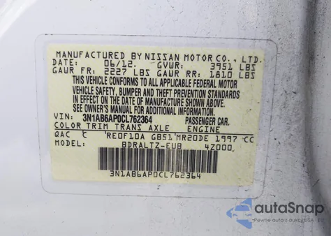 2012 Nissan Sentra 2.0 S z USA, uszkodzony, nr VIN 3N1AB6AP0CL762364